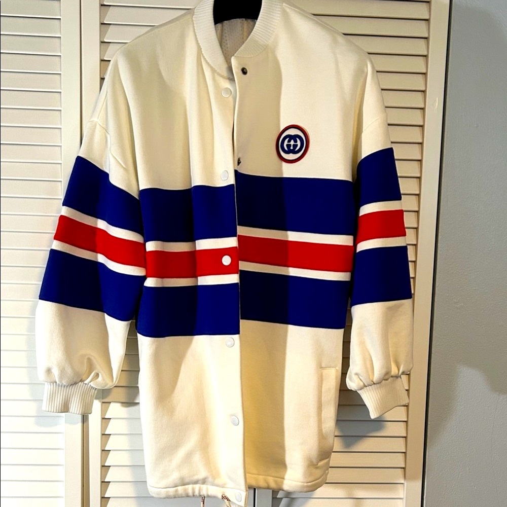 Gucci Varsity Jacket in White, Blue, and Red